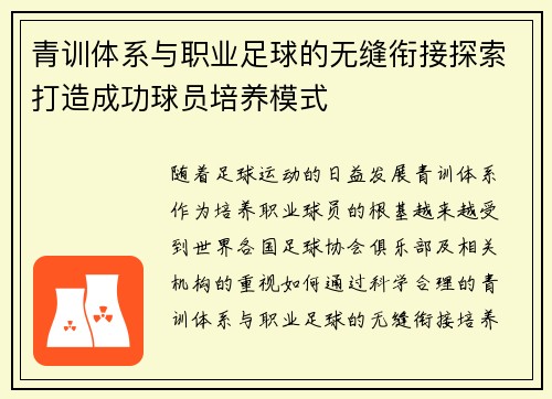 青训体系与职业足球的无缝衔接探索打造成功球员培养模式