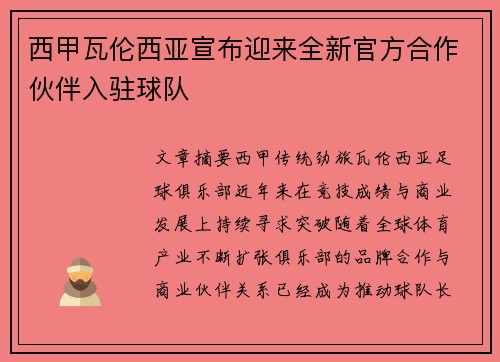 西甲瓦伦西亚宣布迎来全新官方合作伙伴入驻球队